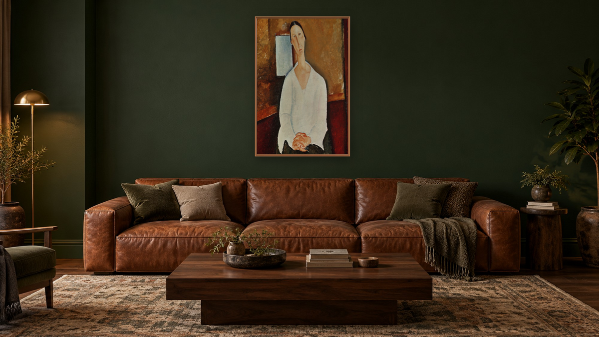 Madame Zborowska with Clasped Hands by Amedeo Modigliani, shown at 28 × 42 in (71.1 × 106.7 cm) on canvas in Arber Raw Oak, den