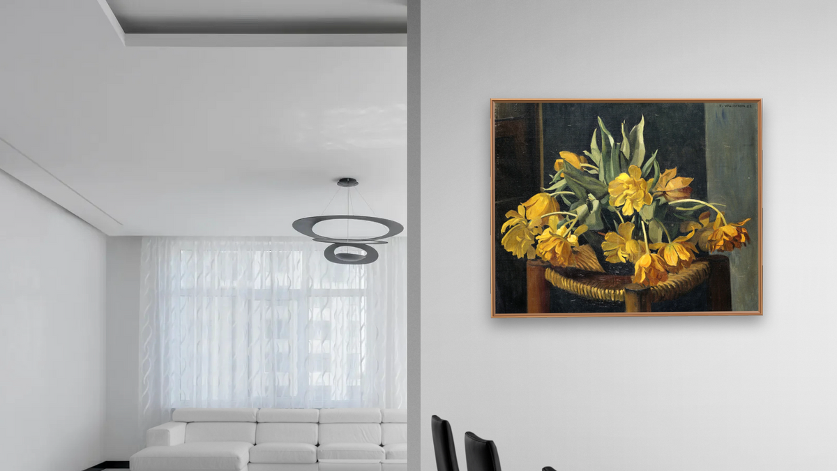 Double Yellow Tulips on a Wicker Chair by Félix Vallotton, shown at 32 × 40 in (81.3 × 101.6 cm) on canvas in Arber Raw Oak, dining