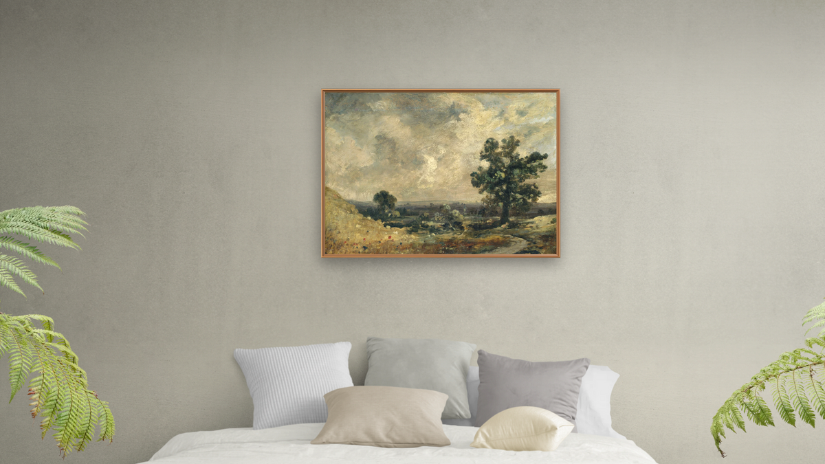 English Landscape, undated by John Constable, shown at 30 × 40 in (76.2 × 101.6 cm) on canvas in Arber Raw Oak, bedroom