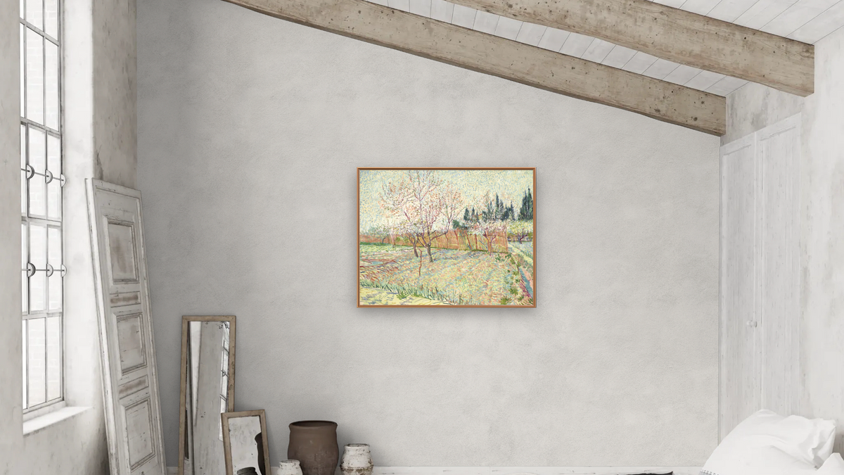 Orchard with Cypresses by Vincent van Gogh, shown at 32 × 40 in (81.3 × 101.6 cm) on canvas in Arber Raw Oak, bedroom