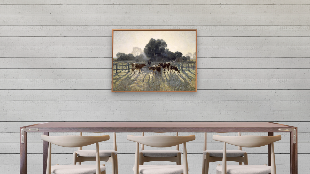 Spring frost by Elioth Gruner, shown at 30 × 40 in (76.2 × 101.6 cm) on canvas in Arber Raw Oak, dining