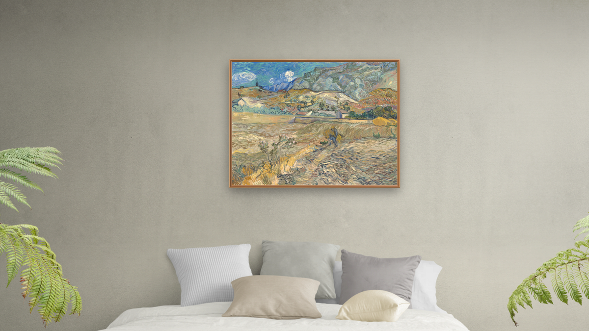 Enclosed Wheat Field with Peasant by Vincent van Gogh, shown at 32 × 40 in (81.3 × 101.6 cm) on canvas in Arber Raw Oak, bedroom