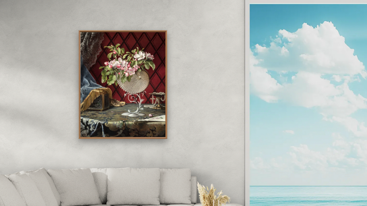 Still Life with Apple Blossoms in a Nautilus Shell by Martin Johnson Heade, shown at 32 × 40 in (81.3 × 101.6 cm) on canvas in Arber Raw Oak, living