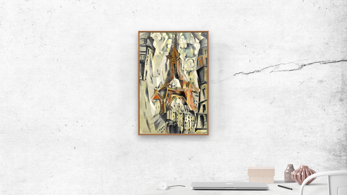 Eiffel Tower (Tour Eiffel) by Robert Delaunay, shown at 28 × 42 in (71.1 × 106.7 cm) on canvas in Arber Raw Oak, office