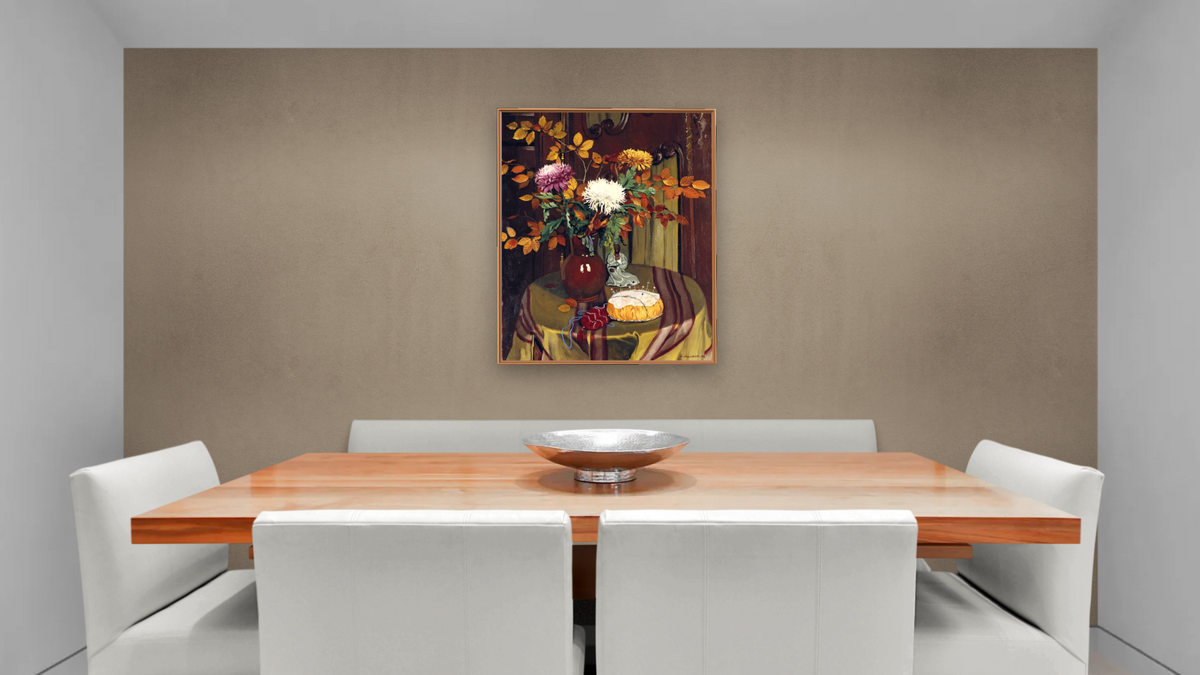 Chrysanthemums and Autumn Foilage by Félix Vallotton, shown at 32 × 40 in (81.3 × 101.6 cm) on canvas in Arber Raw Oak, dining
