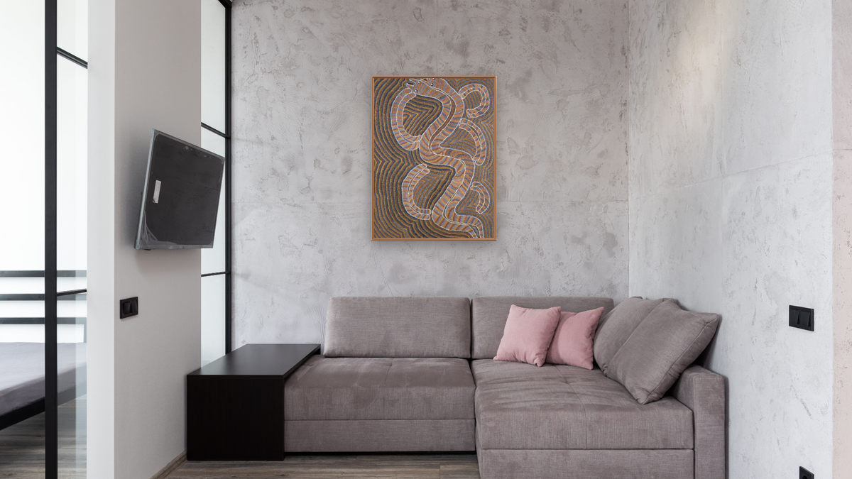 Snake Dreaming by George Tjangala, shown at 30 × 40 in (76.2 × 101.6 cm) on canvas in Arber Raw Oak, media room