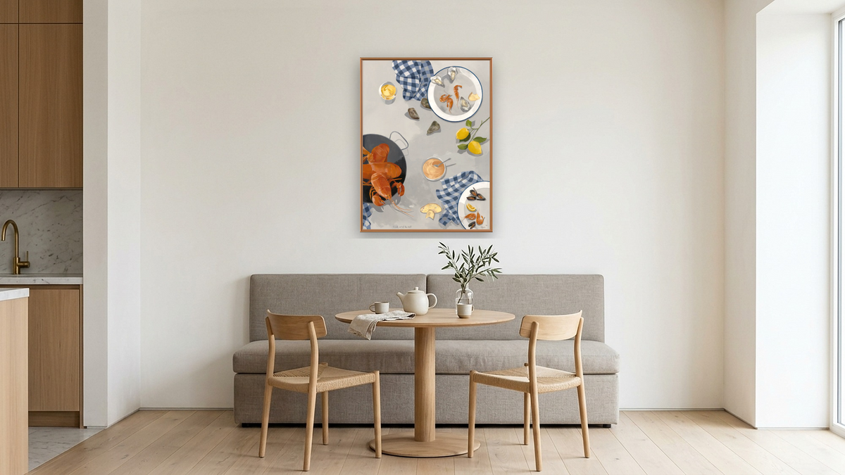 Break Out of the Shell-Diptych 2 by Catherine Gerke, shown at 30 × 40 in (76.2 × 101.6 cm) on canvas in Arber Raw Oak, kitchen