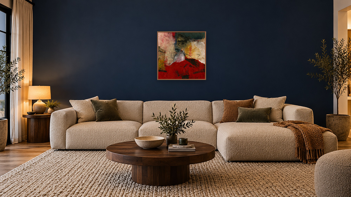No. 373 by Michelle Oppenheimer, shown at 32 × 32 in (81.3 × 81.3 cm) on canvas in Arber Raw Oak, media room