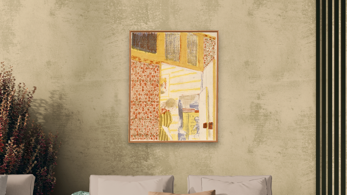 Rose-Tinted Interior III by Edouard Vuillard, shown at 32 × 40 in (81.3 × 101.6 cm) on canvas in Arber Raw Oak, living
