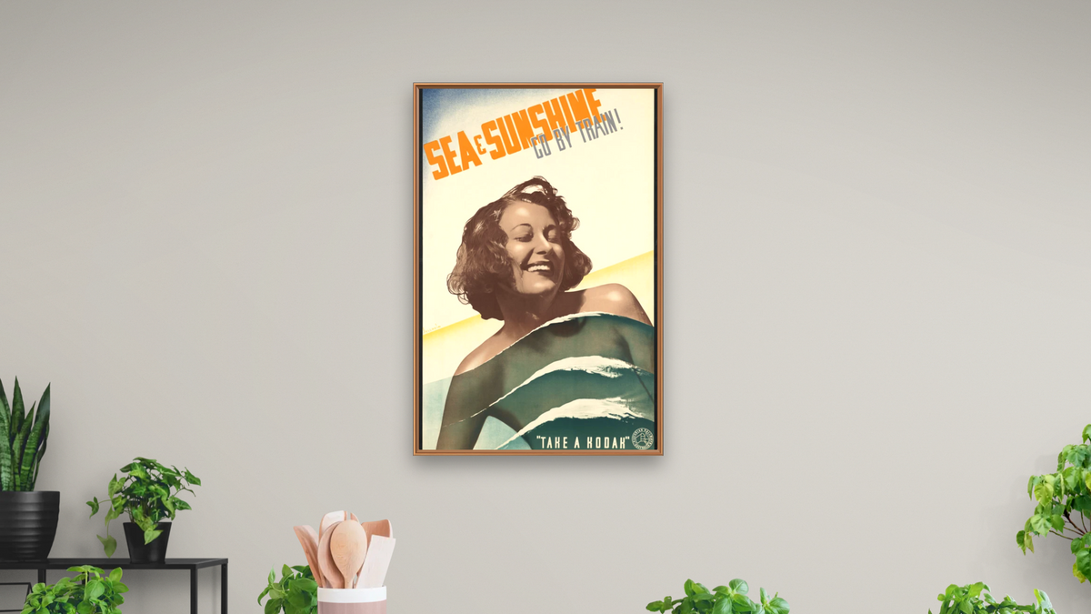 BPL Travel Posters, shown at 28 × 42 in (71.1 × 106.7 cm) on canvas in Arber Raw Oak, dining