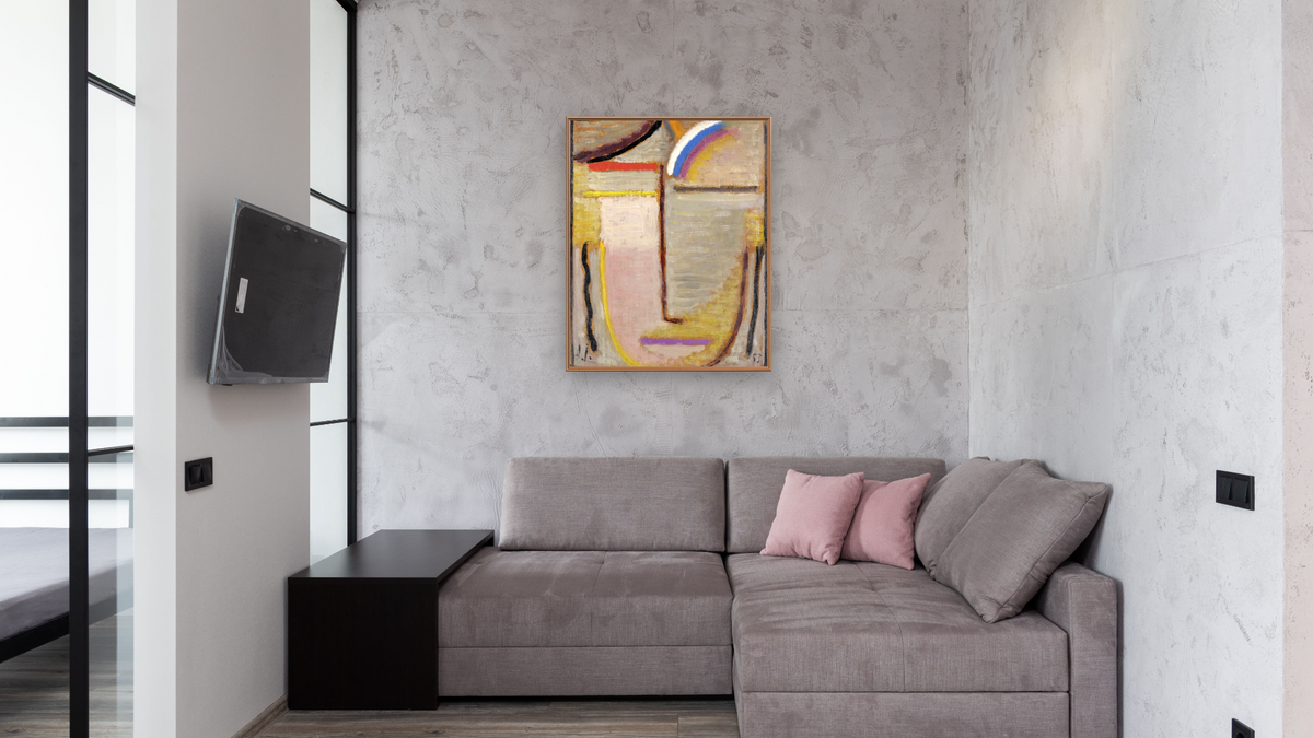 Abstract Head by Alexei Jawlensky, shown at 32 × 40 in (81.3 × 101.6 cm) on canvas in Arber Raw Oak, media room