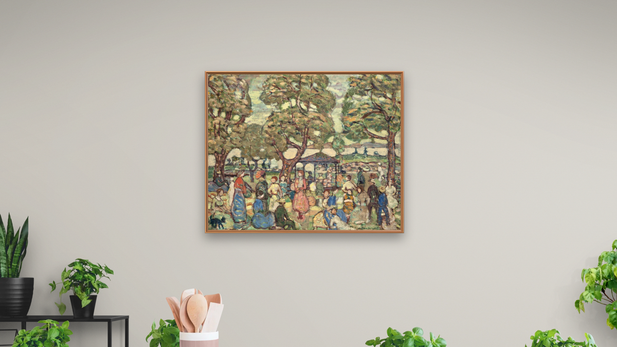 Landscape with Figures No. 2 by Maurice Brazil Prendergast, shown at 32 × 40 in (81.3 × 101.6 cm) on canvas in Arber Raw Oak, dining