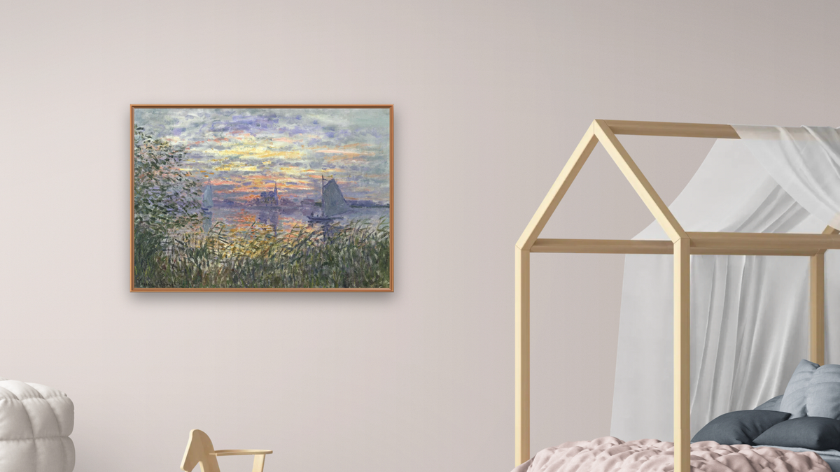 Marine View with a Sunset by Claude Monet, shown at 30 × 40 in (76.2 × 101.6 cm) on canvas in Arber Raw Oak, bedroom