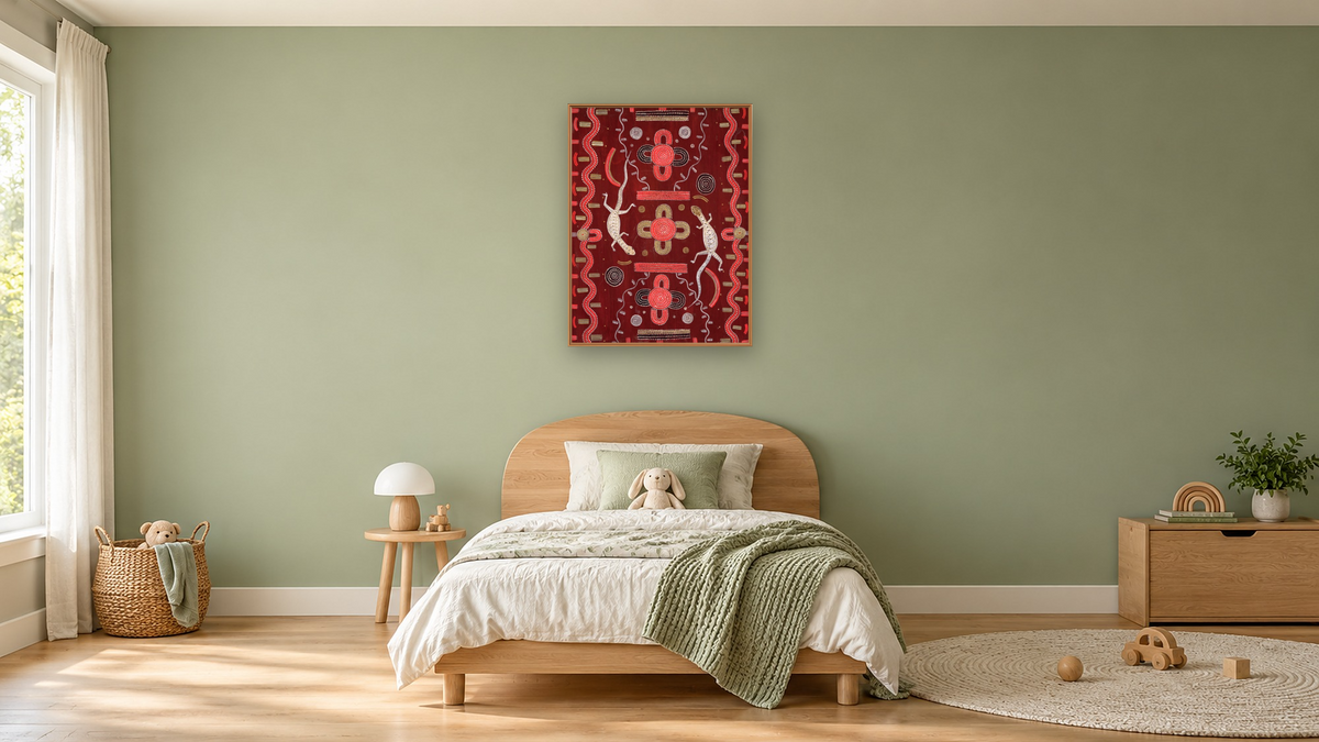 Goanna Dreaming by Kaapa Tjampitjinpa, shown at 30 × 40 in (76.2 × 101.6 cm) on canvas in Arber Raw Oak, kids' room