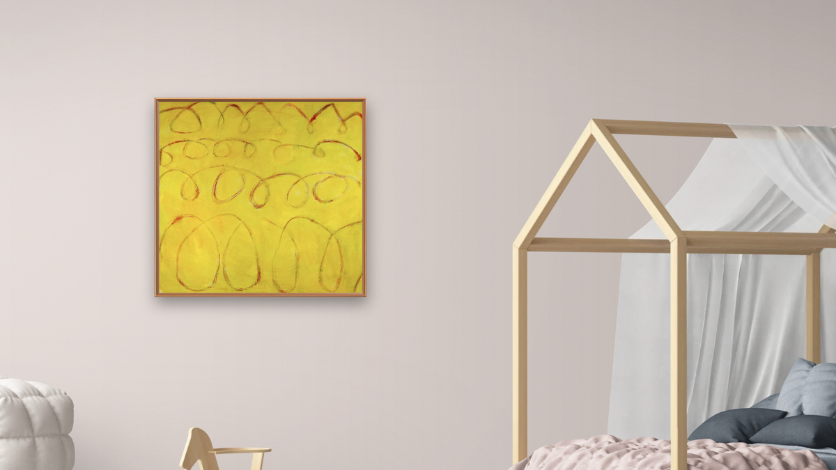 Roma by Katherine Bello, shown at 32 × 32 in (81.3 × 81.3 cm) on canvas in Arber Raw Oak, bedroom