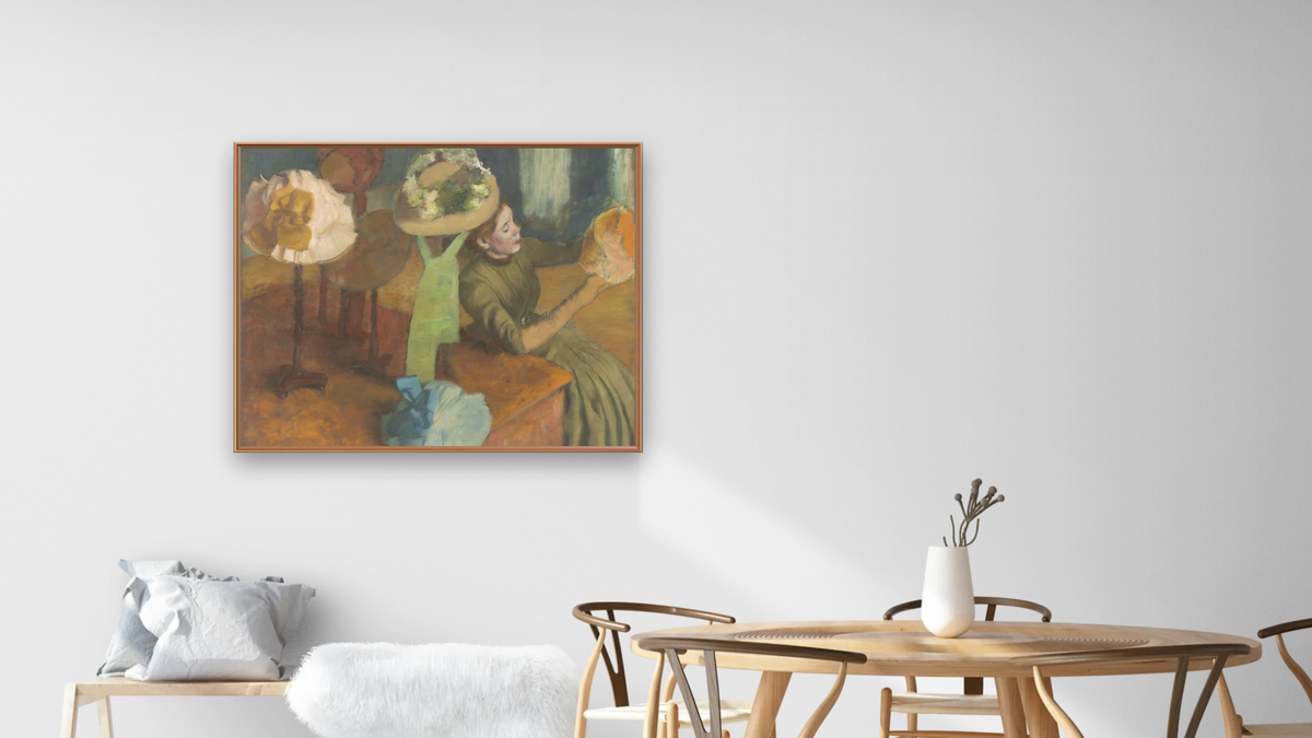 The Millinery Shop by Edgar Degas, shown at 32 × 40 in (81.3 × 101.6 cm) on canvas in Arber Raw Oak, dining