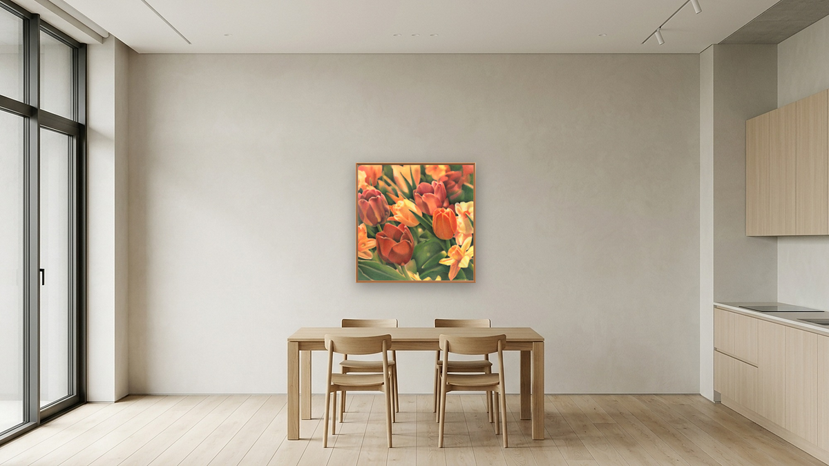 Tulips by Kirsten Söderlind, shown at 32 × 32 in (81.3 × 81.3 cm) on canvas in Arber Raw Oak, kitchen