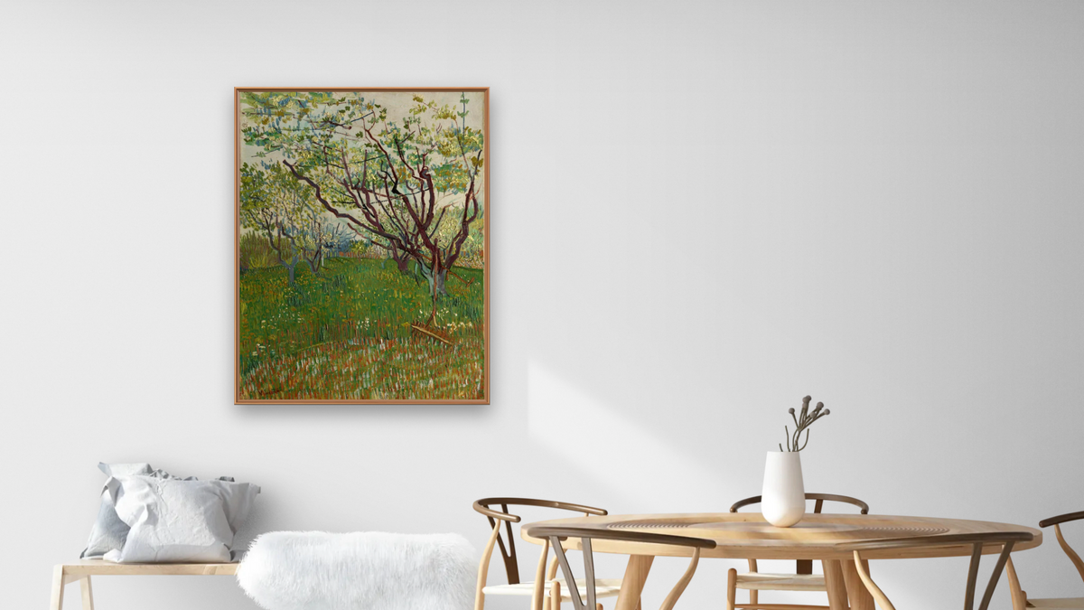 The Flowering Orchard by Vincent van Gogh, shown at 30 × 40 in (76.2 × 101.6 cm) on canvas in Arber Raw Oak, dining