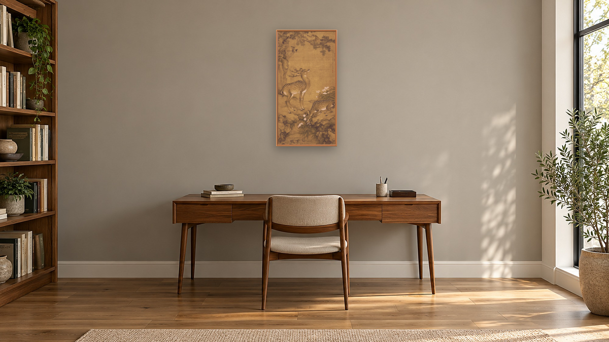 A Birthday Painting, Qing Dynasty (1644-1911) by Shen Nanpin, shown at 20 × 40 in (50.8 × 101.6 cm) on canvas in Arber Raw Oak, library