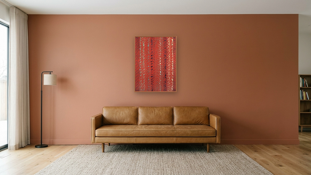 Red Sunset, Old Pond Concerto by Alma Thomas, shown at 30 × 40 in (76.2 × 101.6 cm) on canvas in Arber Raw Oak, media room