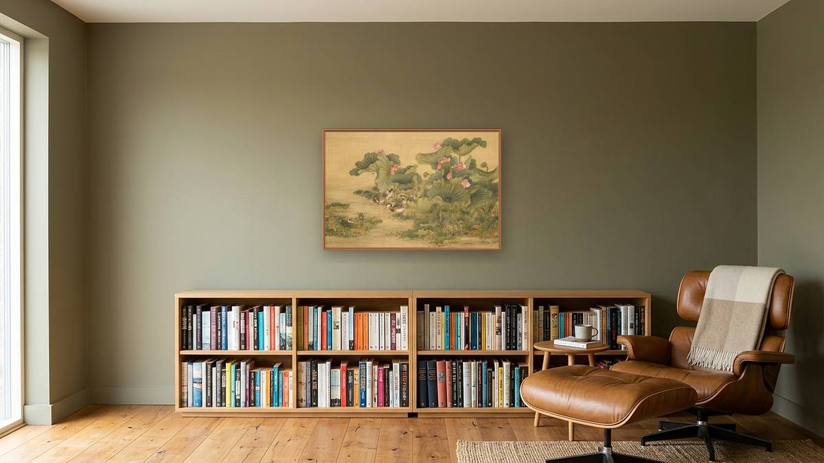Album of Birds and Animals (Mandarin Ducks and Lotus Flowers) by Shen Nanpin, shown at 28 × 42 in (71.1 × 106.7 cm) on canvas in Arber Raw Oak, library