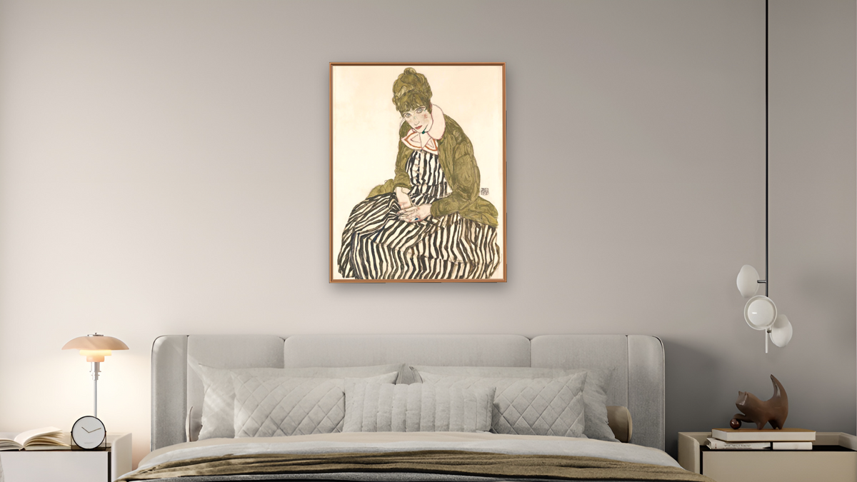 Edith with Striped Dress, Sitting by Egon Schiele, shown at 32 × 40 in (81.3 × 101.6 cm) on canvas in Arber Raw Oak, bedroom