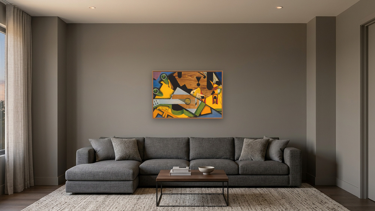 Still Life with a Guitar by Juan Gris, shown at 28 × 42 in (71.1 × 106.7 cm) on canvas in Arber Raw Oak, media room