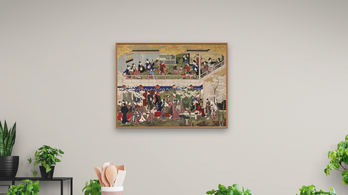 Cherry Blossoms at Yoshiwara (Yoshiwara no hana zu), Japanese, Edo period by Kitagawa Utamaro, shown at 30 × 40 in (76.2 × 101.6 cm) on canvas in Arber Raw Oak, dining