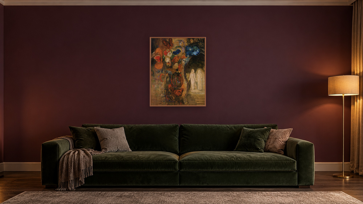 Apparition by Odilon Redon, shown at 32 × 40 in (81.3 × 101.6 cm) on canvas in Arber Raw Oak, den