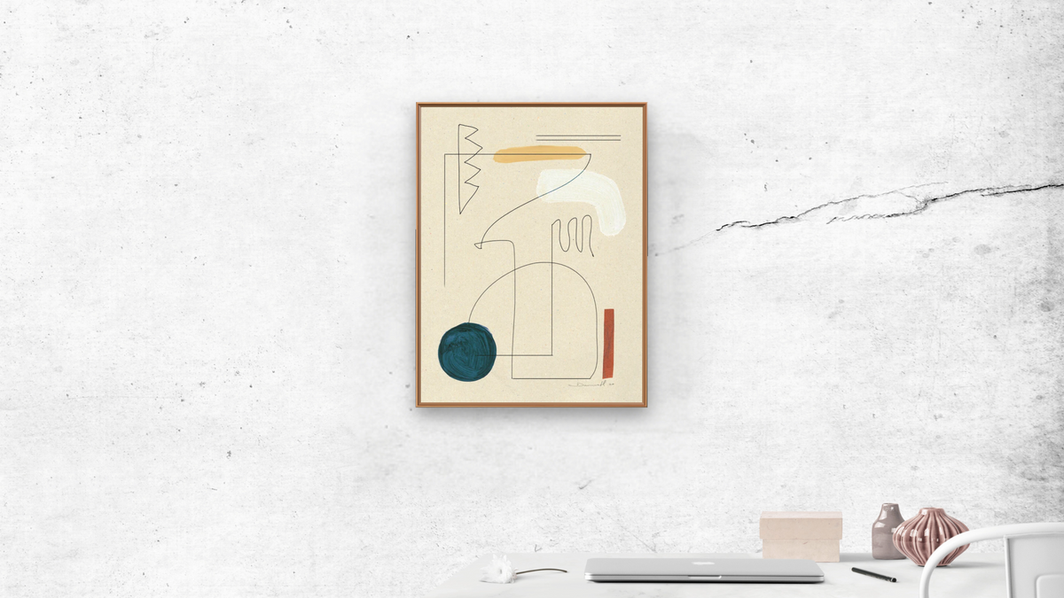 Boho Desert by Dan Hobday, shown at 30 × 40 in (76.2 × 101.6 cm) on canvas in Arber Raw Oak, office