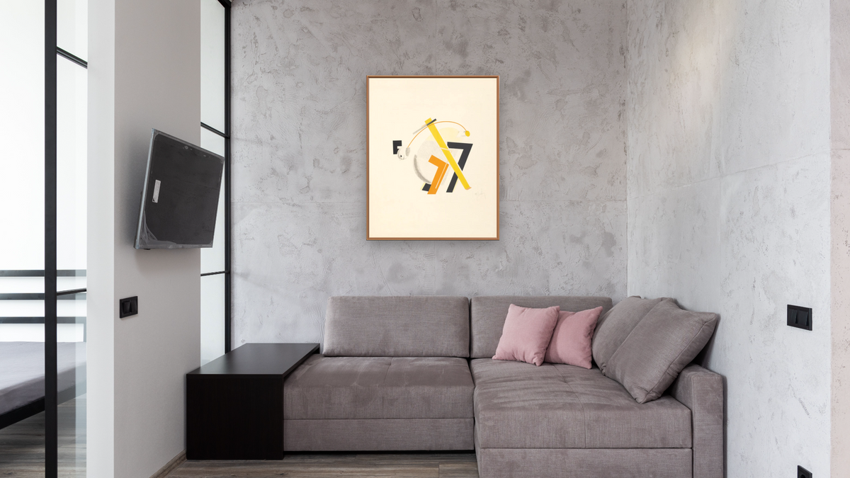 Old Man, His Head Two Paces Behind by El Lissitzky, shown at 32 × 40 in (81.3 × 101.6 cm) on canvas in Arber Raw Oak, media room