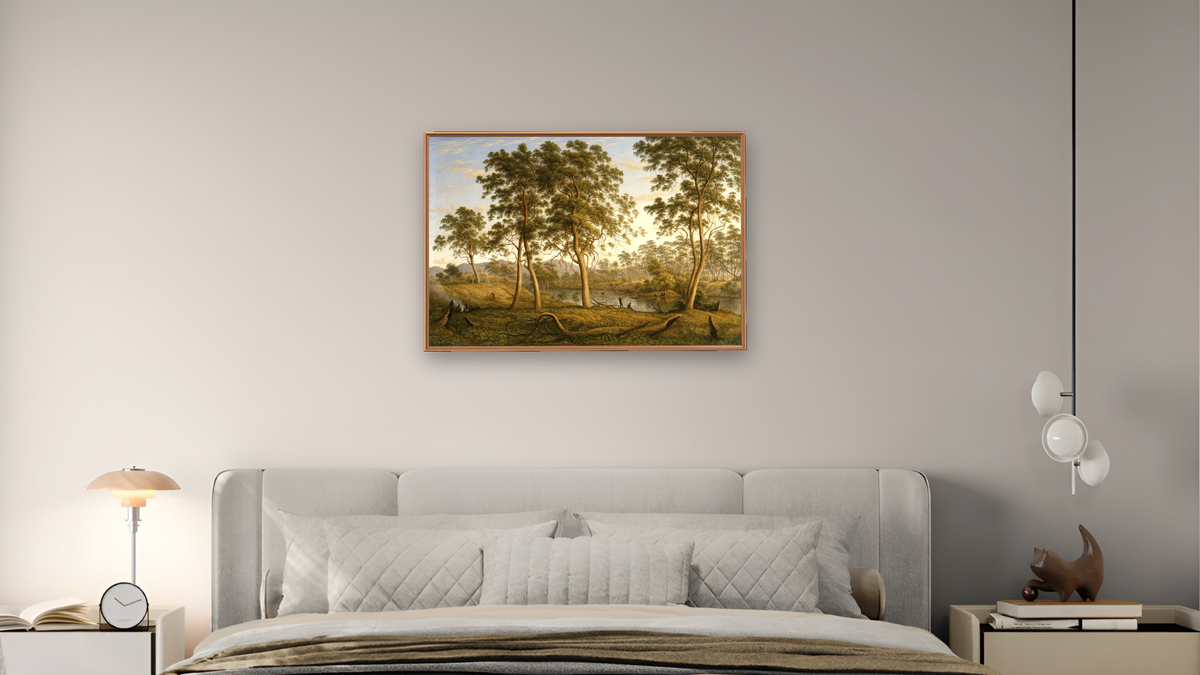 Natives on the Ouse River, Van Diemen's Land by John Glover, shown at 28 × 42 in (71.1 × 106.7 cm) on canvas in Arber Raw Oak, bedroom
