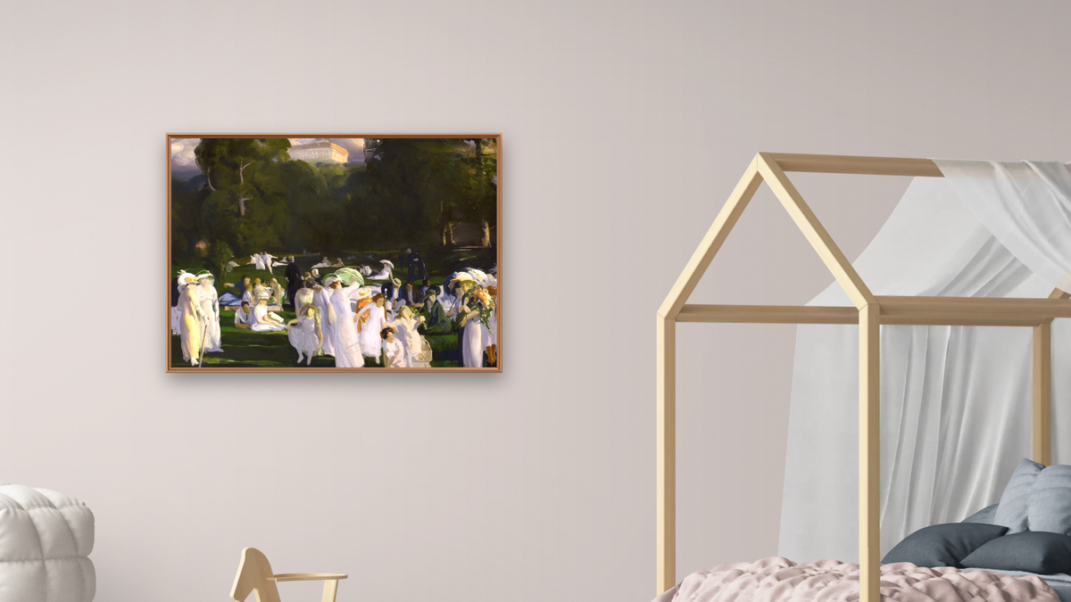 A Day in June by George Wesley Bellows, shown at 30 × 40 in (76.2 × 101.6 cm) on canvas in Arber Raw Oak, bedroom