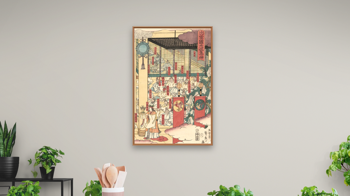 Gathering of gods at the great shrine at Izumo by Utagawa Sadahide, shown at 28 × 42 in (71.1 × 106.7 cm) on canvas in Arber Raw Oak, dining