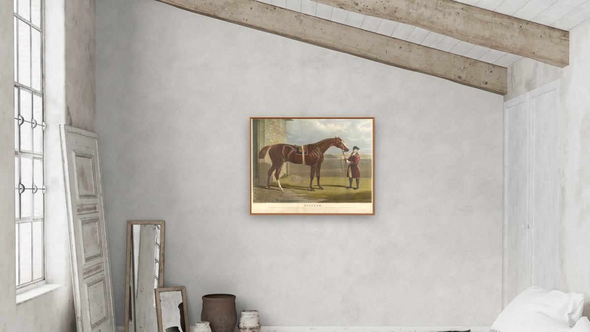 Eclipse by Charles Hunt, After George Stubbs, shown at 32 × 40 in (81.3 × 101.6 cm) on canvas in Arber Raw Oak, bedroom