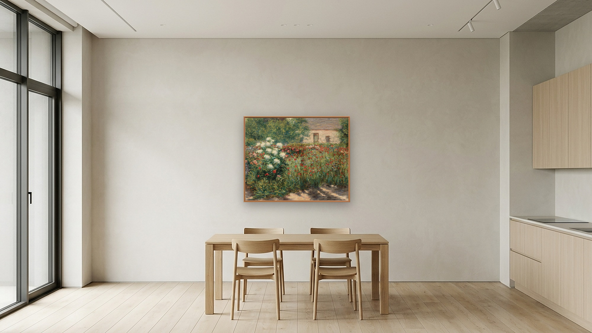 Garden at Giverny by John Leslie Breck, shown at 32 × 40 in (81.3 × 101.6 cm) on canvas in Arber Raw Oak, kitchen