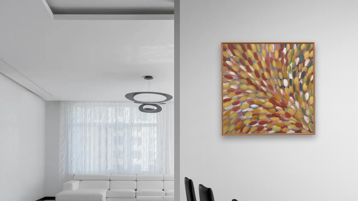 Bush Medicine Leaves by Gloria Tamerre Petyarr, shown at 32 × 32 in (81.3 × 81.3 cm) on canvas in Arber Raw Oak, dining