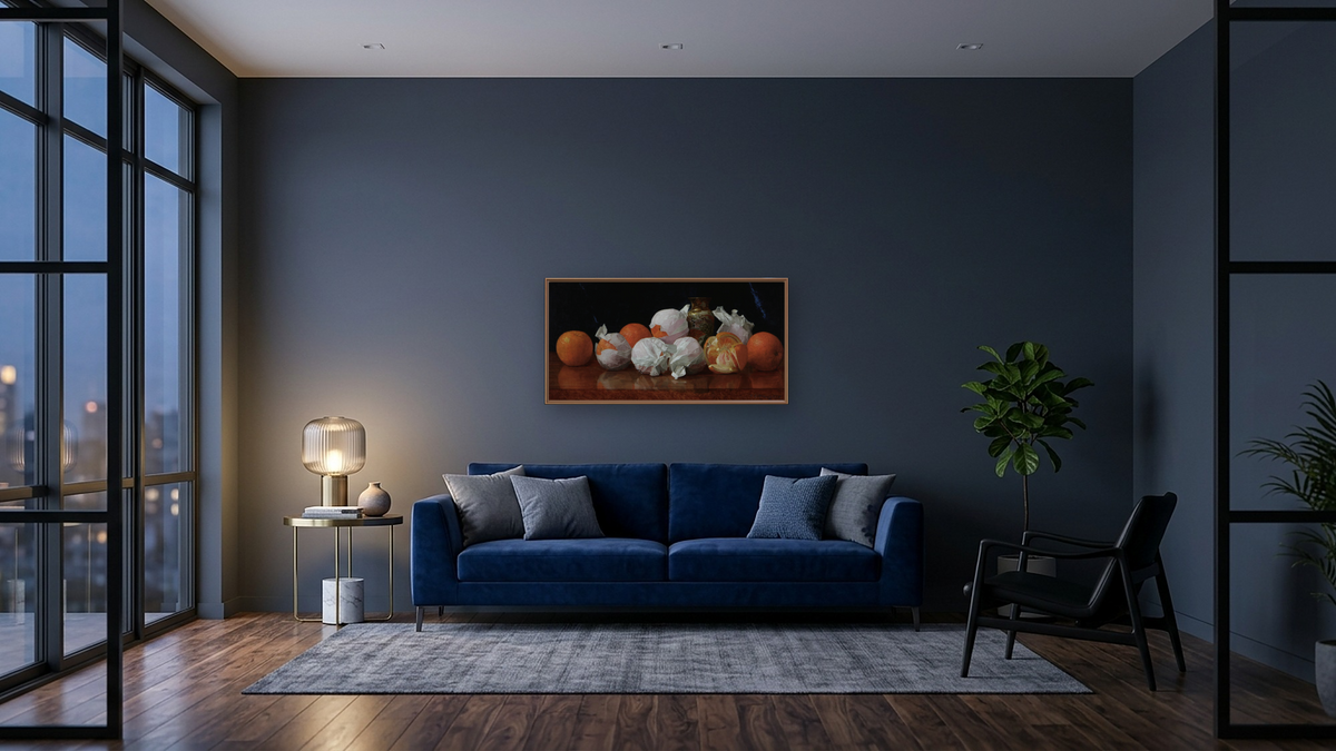 Untitled (Oranges in Tissue with Vase), shown at 20 × 40 in (50.8 × 101.6 cm) on canvas in Arber Raw Oak, den