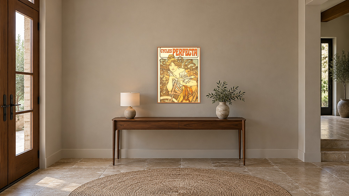 Cycles Perfecta by Alphonse Mucha, shown at 30 × 40 in (76.2 × 101.6 cm) on canvas in Arber Raw Oak, hallway