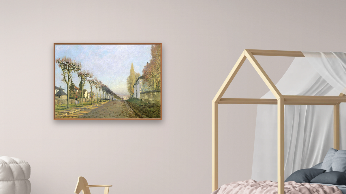 Rue de la Machine, Louveciennes by Alfred Sisley, shown at 30 × 40 in (76.2 × 101.6 cm) on canvas in Arber Raw Oak, bedroom
