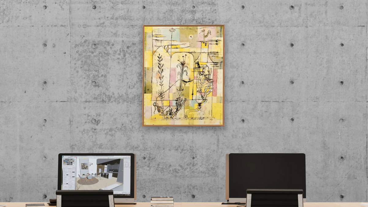 Tale à la Hoffmann by Paul Klee, shown at 32 × 40 in (81.3 × 101.6 cm) on canvas in Arber Raw Oak, office