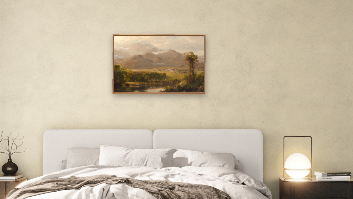Mountains of Ecuador, 1855 by Frederic Edwin Church, shown at 28 × 42 in (71.1 × 106.7 cm) on canvas in Arber Raw Oak, bedroom