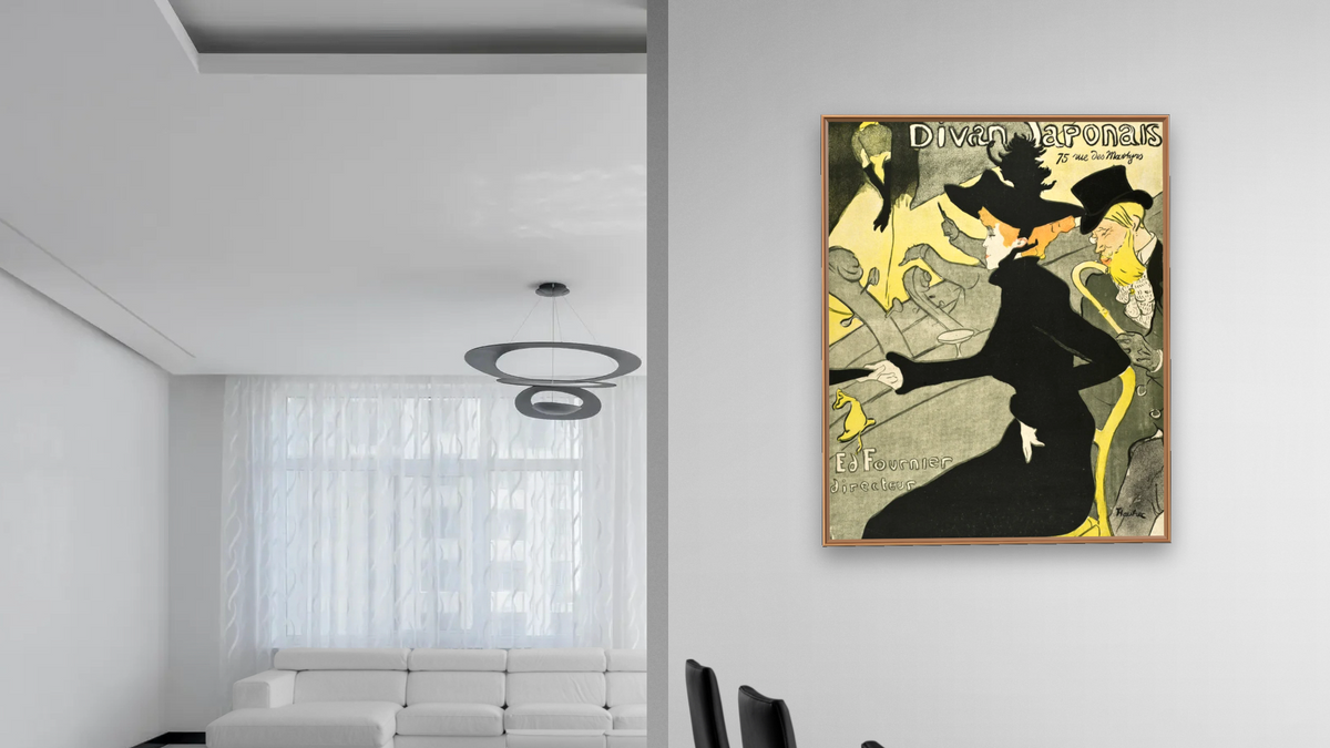 Divan Japonais by Henri de Toulouse-Lautrec, shown at 32 × 40 in (81.3 × 101.6 cm) on canvas in Arber Raw Oak, dining