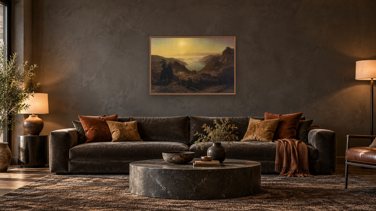 Donner Lake from the Summit by Albert Bierstadt, shown at 28 × 42 in (71.1 × 106.7 cm) on canvas in Arber Raw Oak, den