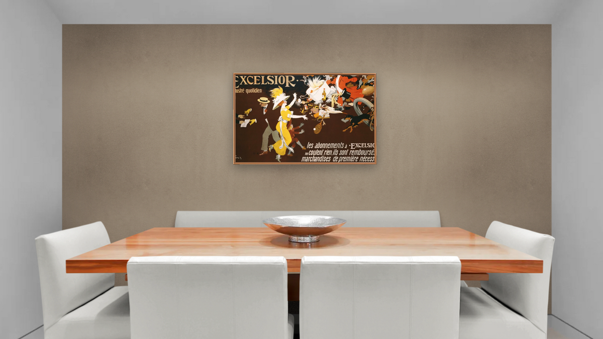 Excelsior Poster by Jules Alexander Grun, shown at 28 × 42 in (71.1 × 106.7 cm) on canvas in Arber Raw Oak, dining