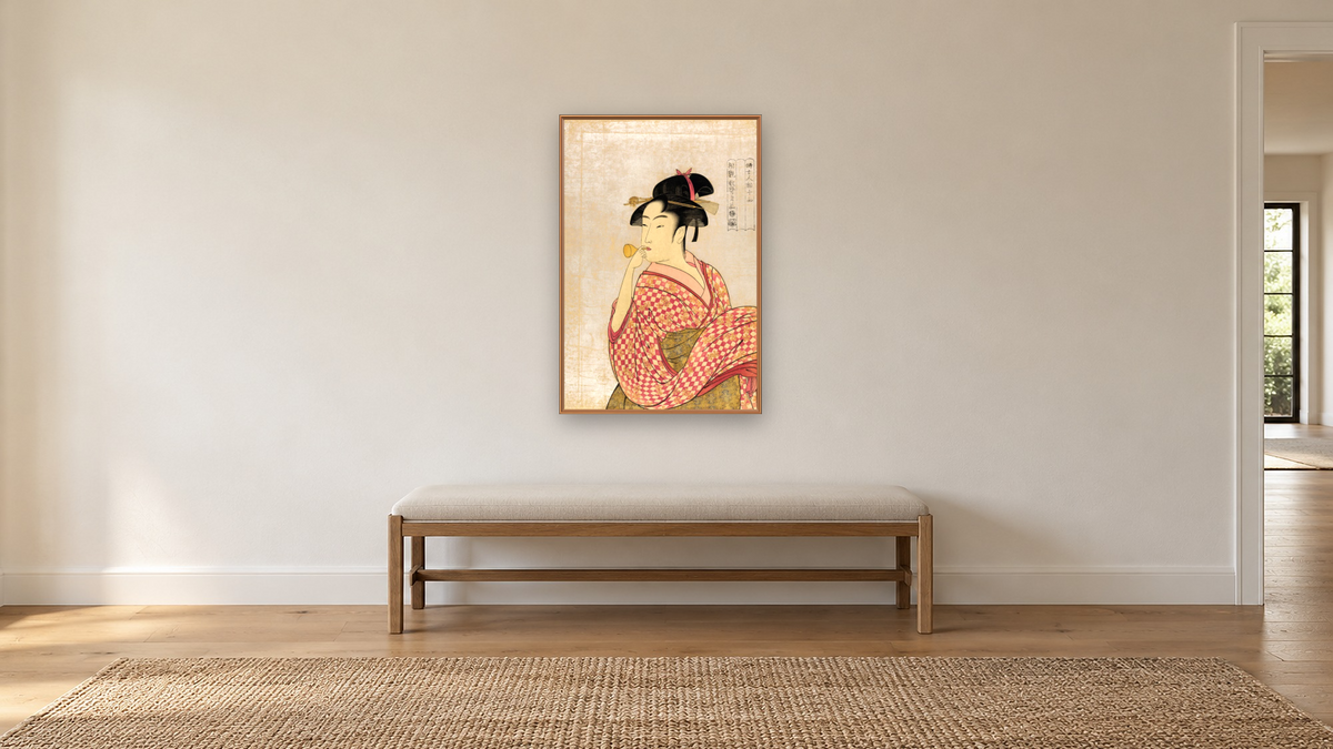 Poppen o fuku musume by Kitagawa Utamaro, shown at 28 × 42 in (71.1 × 106.7 cm) on canvas in Arber Raw Oak, hallway