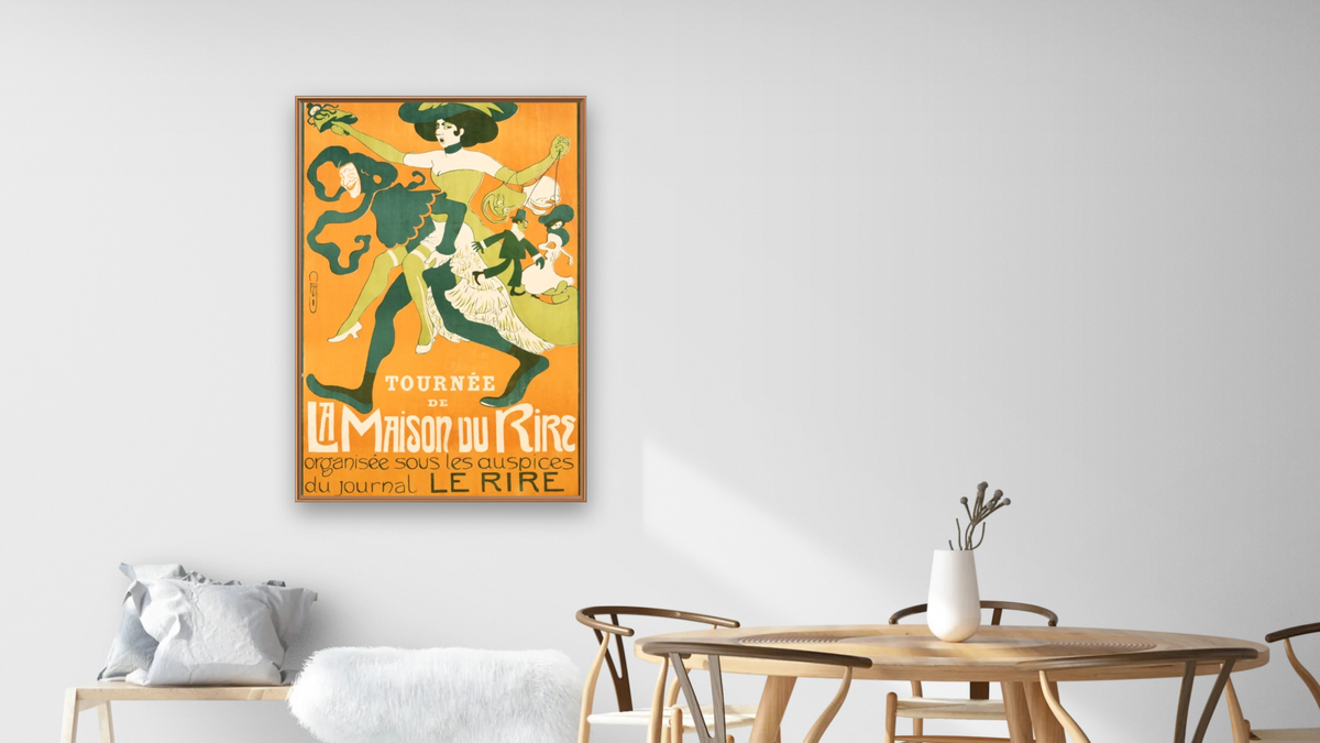 La Maison Du Rire Poster, shown at 28 × 42 in (71.1 × 106.7 cm) on canvas in Arber Raw Oak, dining