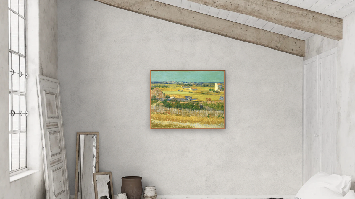 The Harvest by Vincent van Gogh, shown at 32 × 40 in (81.3 × 101.6 cm) on canvas in Arber Raw Oak, bedroom