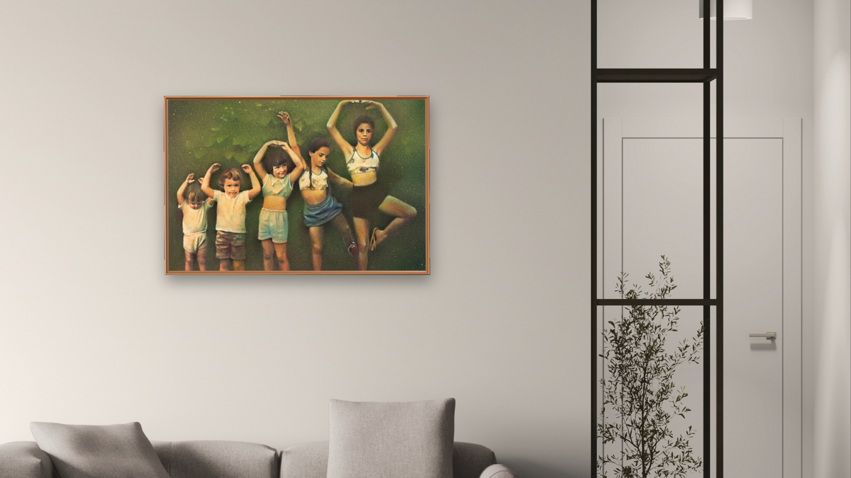 Ballet Girls by Kirsten Söderlind, shown at 28 × 42 in (71.1 × 106.7 cm) on canvas in Arber Raw Oak, living