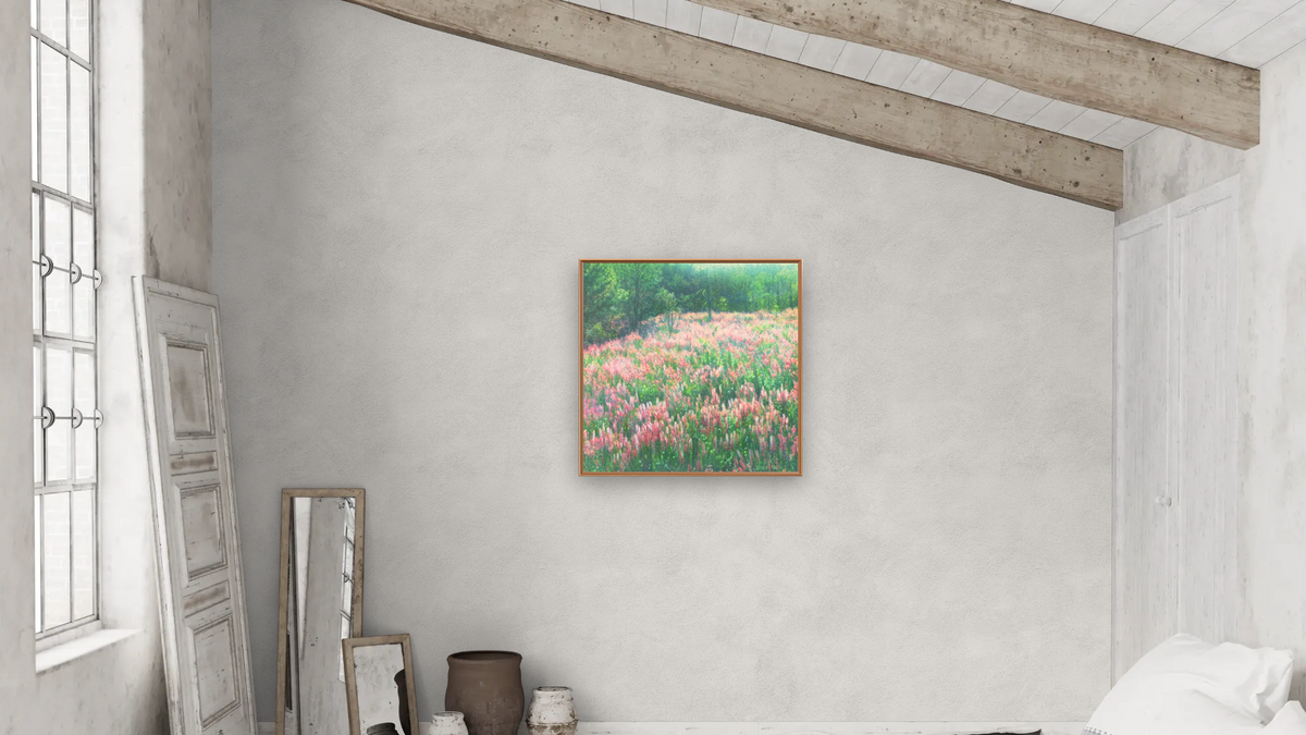 Rhinebeck Field by Kirsten Söderlind, shown at 32 × 32 in (81.3 × 81.3 cm) on canvas in Arber Raw Oak, bedroom